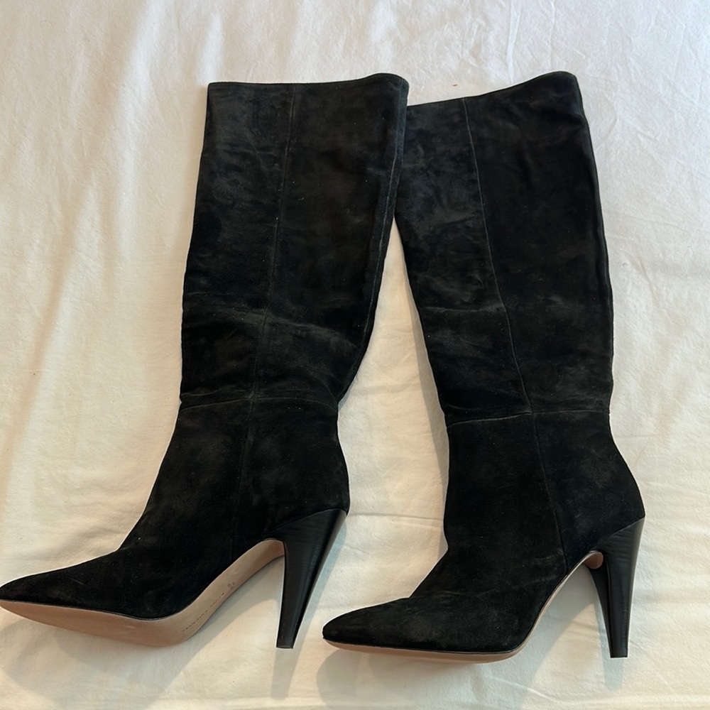 Veronica Beard Black Suede Knee-High Pointed-Toe Heeled Boots